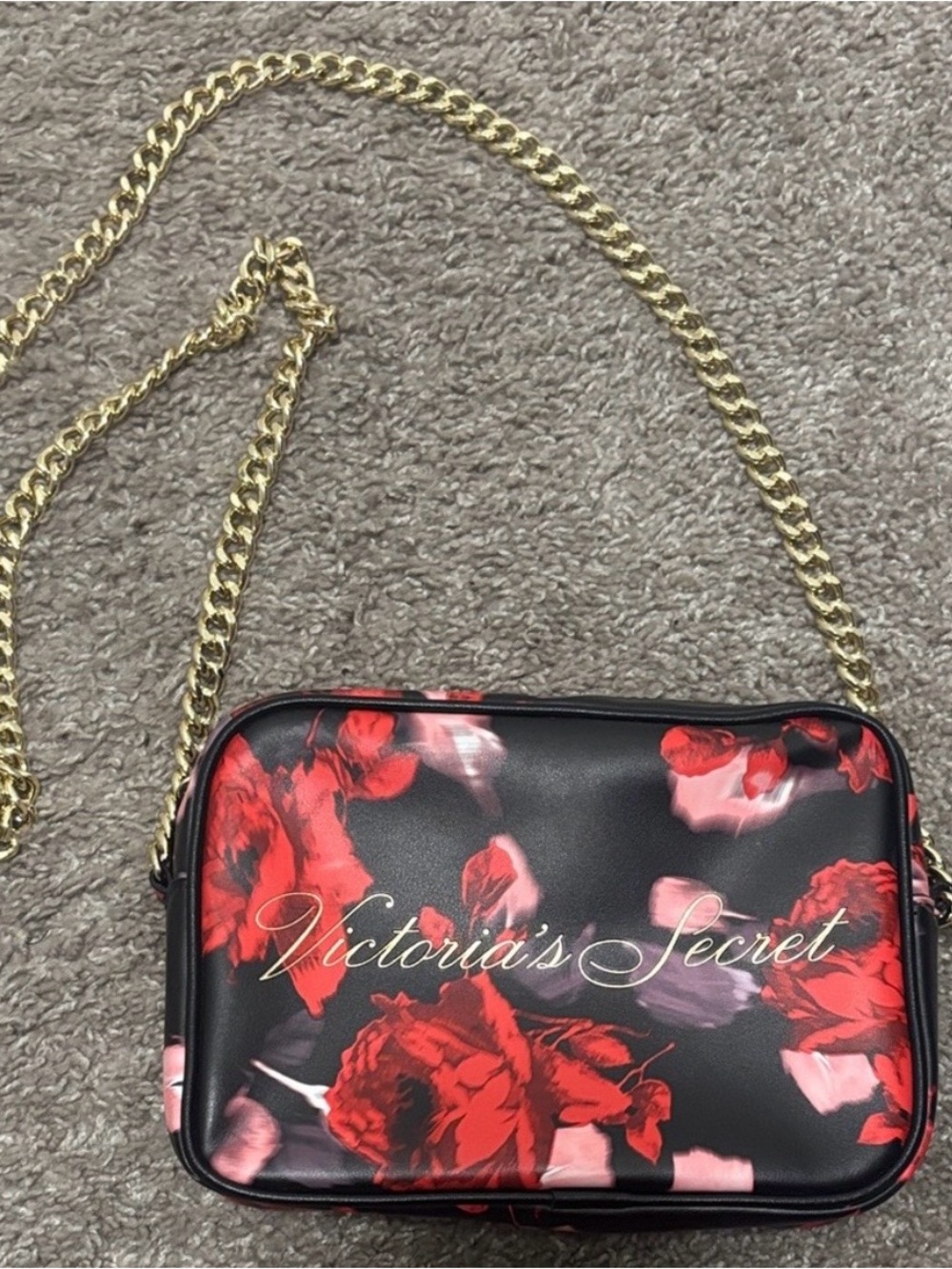 Victoria's Secret Black Floral Crossbody with Gold Chain